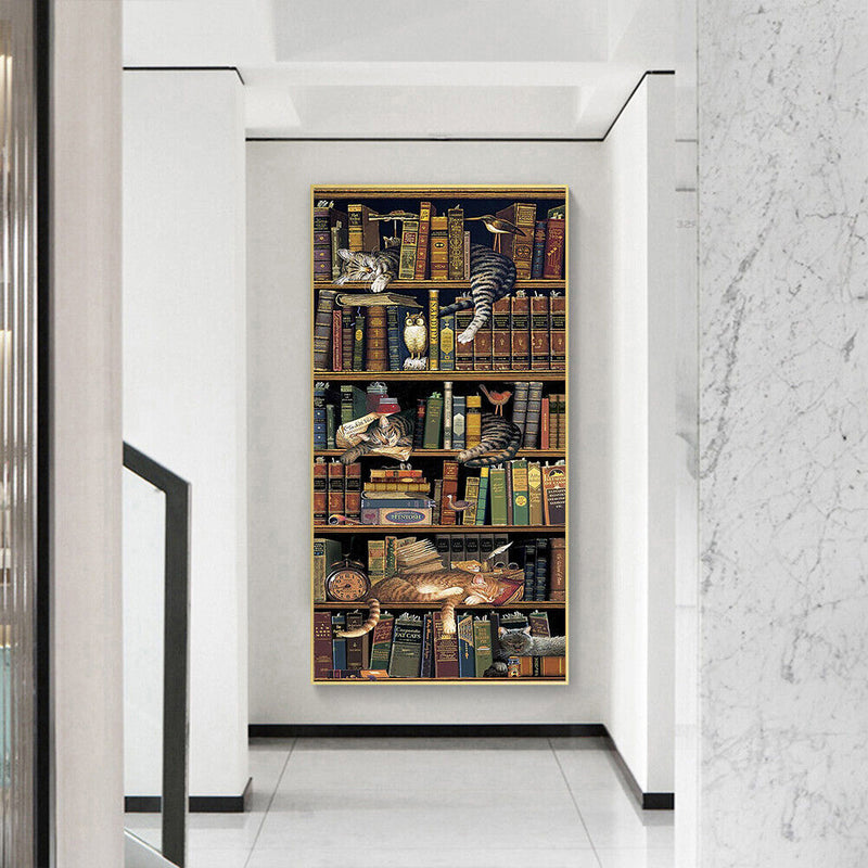 Frameless Oil Paint By Numbers DIY Bookshelf Cat Picture Craft Kit for Home