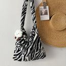 Women Plush Leopard Shoulder Bag Female Winter Warm Travel Fabric Shopping Bags