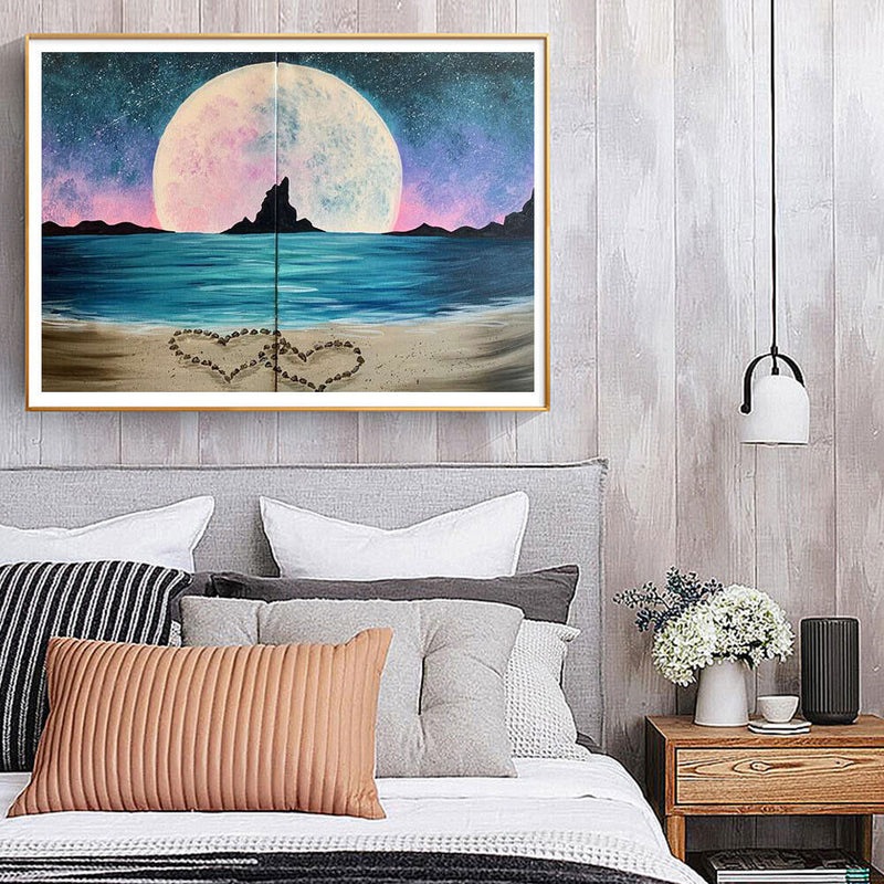 2 Panels Beach Hearts Moon Oil Paint By Numbers Wall Art Craft Home Decorat