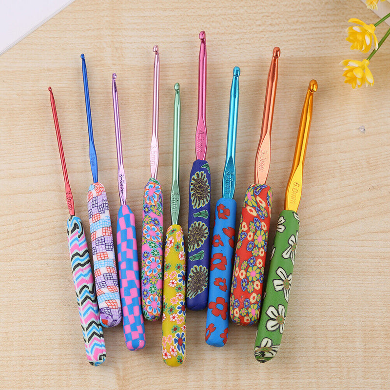 9pcs Ceramic Handle Needles Aluminum Crochet Hooks Set for Weaving Sewing B