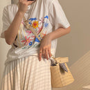 Women Beach Bag Straw Woven Plaid Bowknot Bucket Crossbody Barrel Handbag Purse