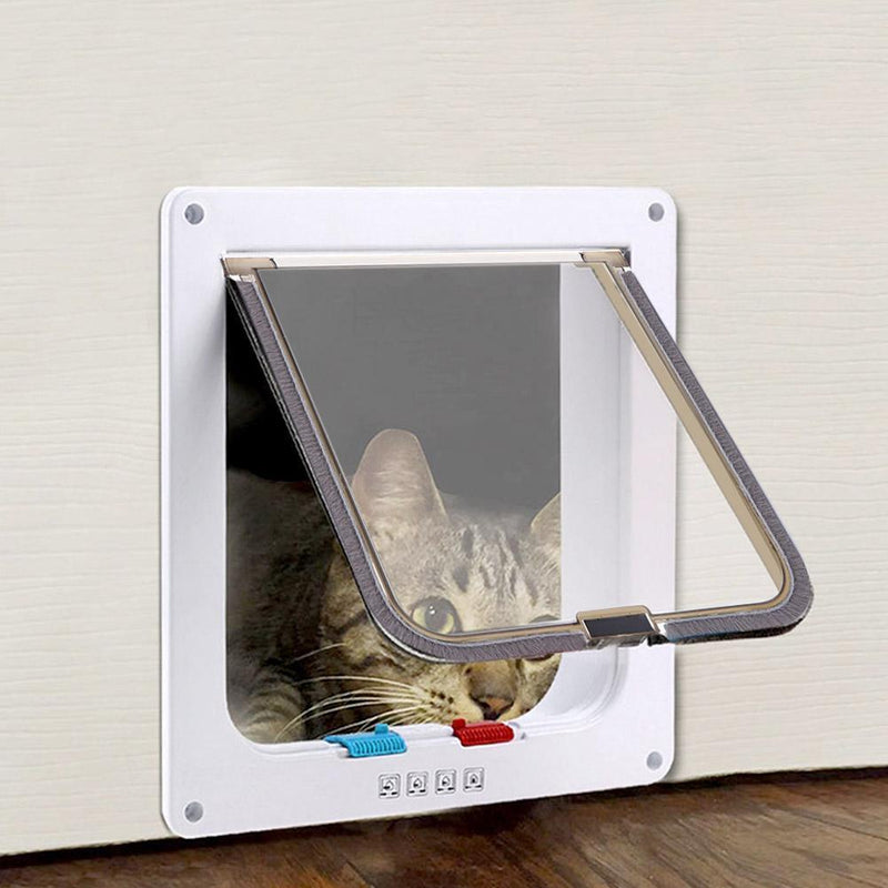 4 Way Lockable Dogs Cat Security Flap Door Kitten Puppy Pets Gate (White S)
