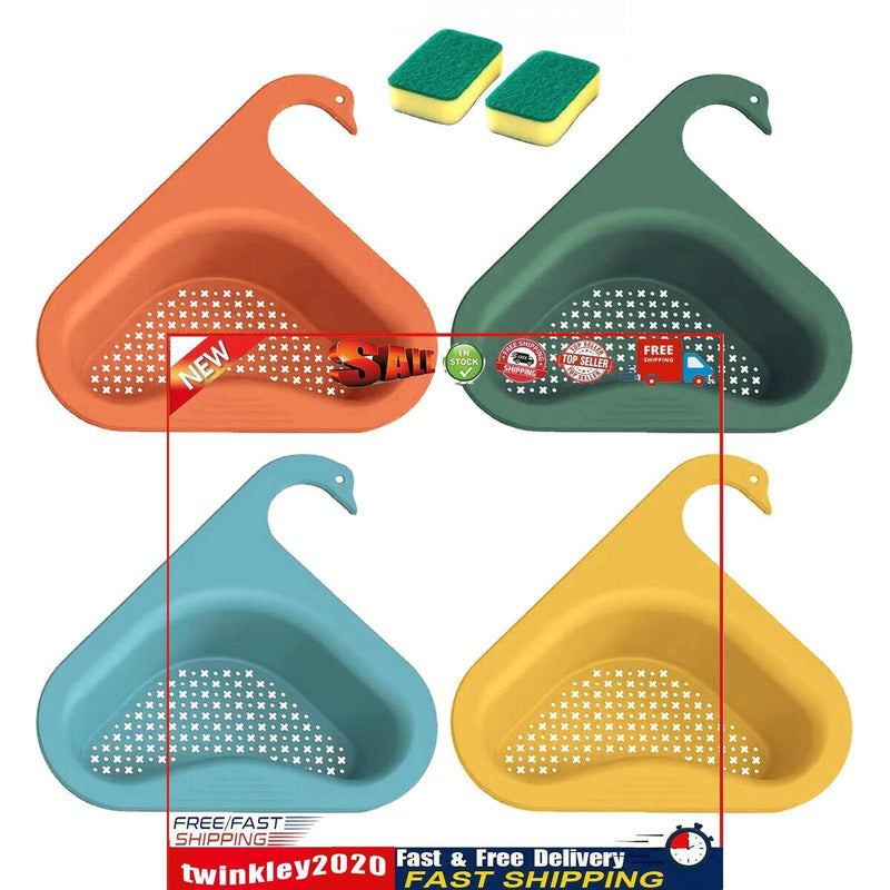 Sink Strainer Colander Drain Basket 4 Sink Drying Shelf Rack & 2 Sponges Newly