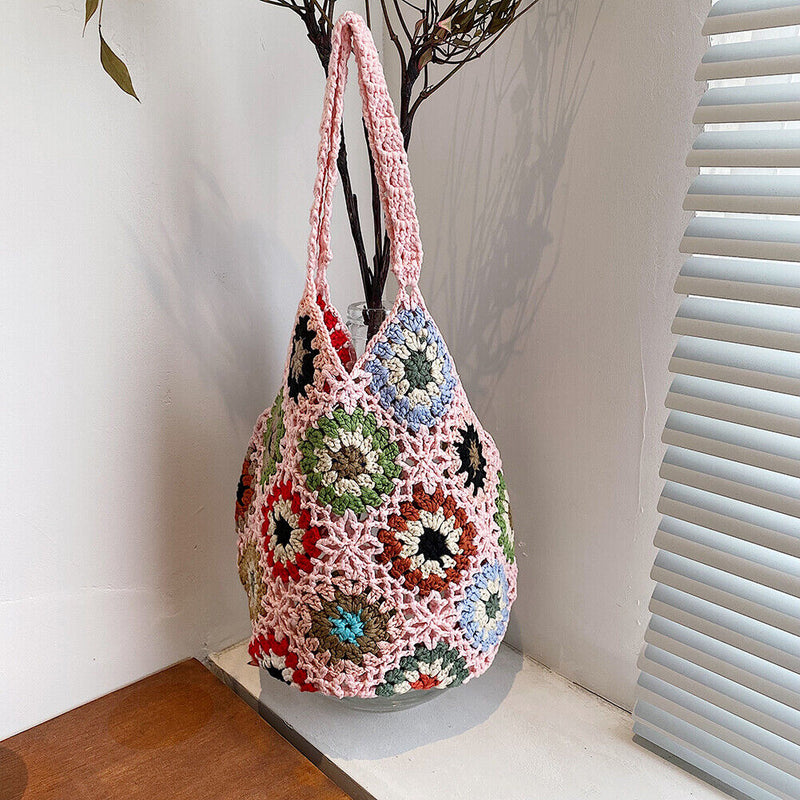 #A Hollow Crochet Women Shoulder Bag Knitting Tote Boho Summer Beach Floral Hand