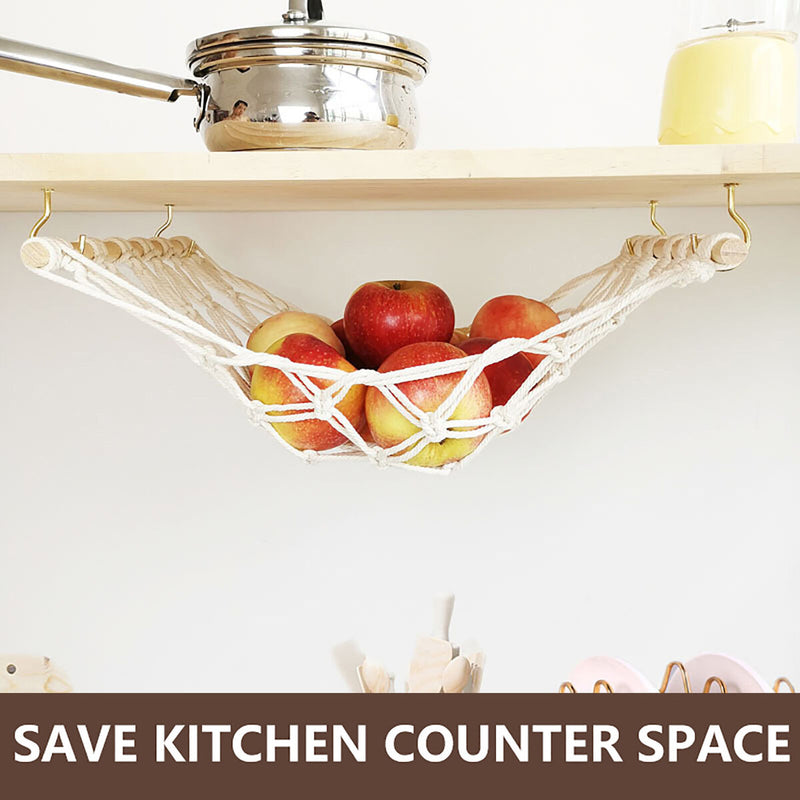 Hanging Fruit Hammock Fruit Basket with Hooks Under Cabinet (Beige 30x50cm)