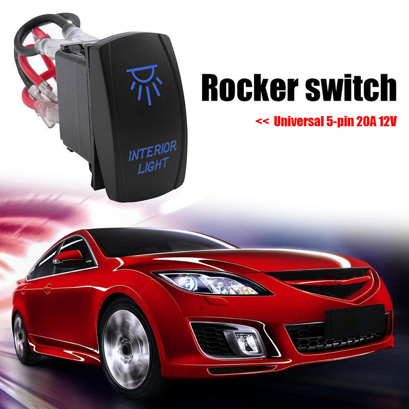 LED Blue INTERIOR LIGHT Rocker Switch with Wires 5-Pin 12V 20 Amp Universal Car