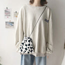 Women Plush Crossbody Bag Cow Print Casual Shoulder Drawstring Mini Handbags