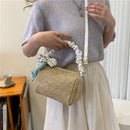 Woven Shoulder Bag Silk Scarf Pleated Travel Messenger Tote Handbag (Khaki)