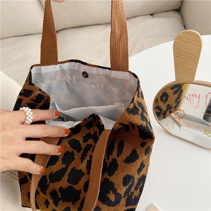 Retro Animal Pattern Corduroy Cooler Lunch Bag Portable Food Bento Case Handbags