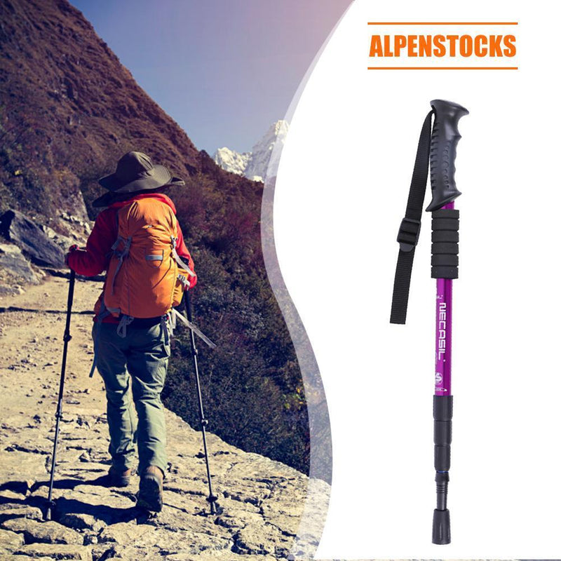 Trekking Pole 4 Sections Aluminum Telescopic Hiking Walking Cane (Purple) Newly