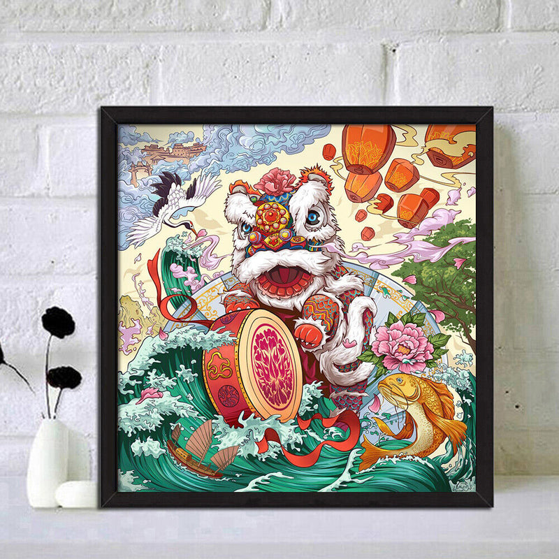 Lion Dance 5D Diamond Painting DIY Full Round Drill Kit Rhinestone Craft