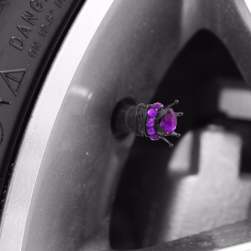 4pcs Auto Car Bling Rhinestone Black Crown Wheel Tire Valve Caps (Purple)