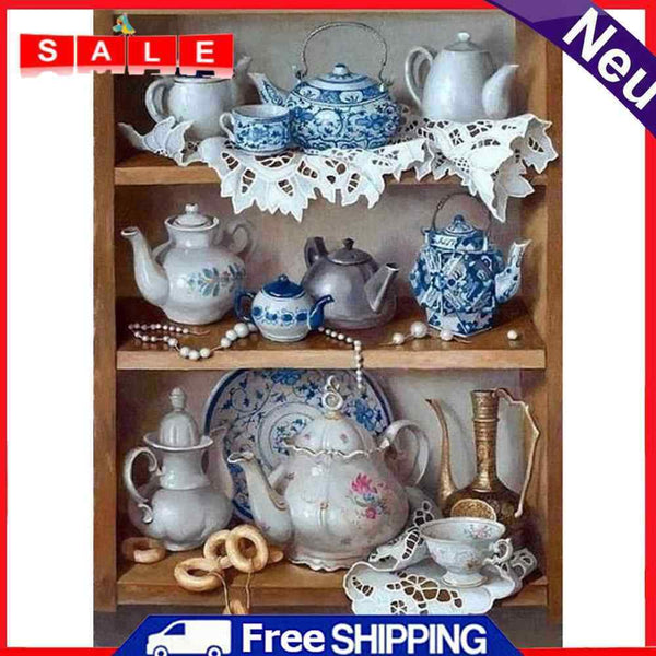 5D DIY Full Drill Diamond Painting Tea Set Cross Stitch Embroidery Round Rhinest