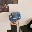 Fashion Women Color Stitching PU Messenger Bag Chain Handbags (Light Blue)