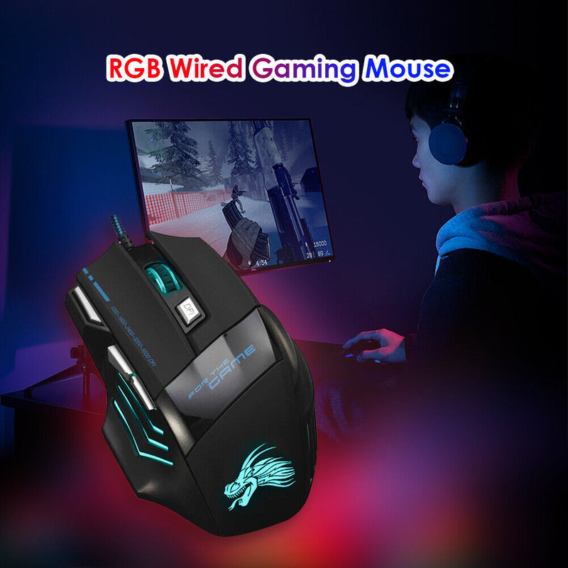 PC Gamer Mouse 7-Color Backlit DPI Adjustable Wired Optical Computer Gaming Mice