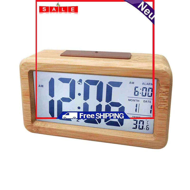 Digital Wooden Alarm Clock, Sensor Backlight Time Display Electronic Clocks
