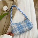 Retro Women Plaid Print Underarm Bag Casual Acrylic Chain Handbag (Blue)