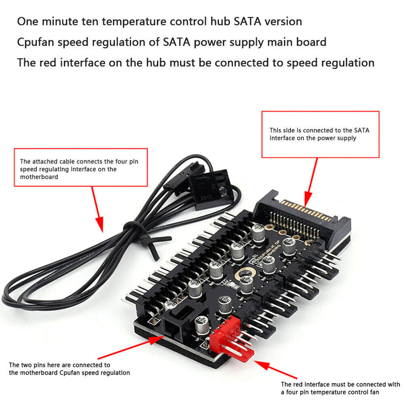 1 to 10 4Pin PWM Cooling Fans HUB PC SATA Port Power Speed Controller