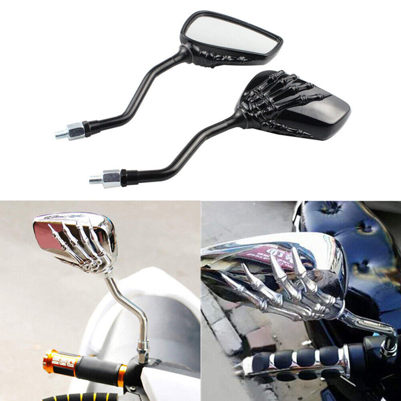 Skeleton Hand Motorcycle Mirrors 10mm 8mm Thread Universal 1 Pair (Black) Newly