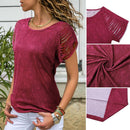 Women Print T-shirts Summer O Neck Short Sleeve Hollow Tops (Wine Red 2XL)