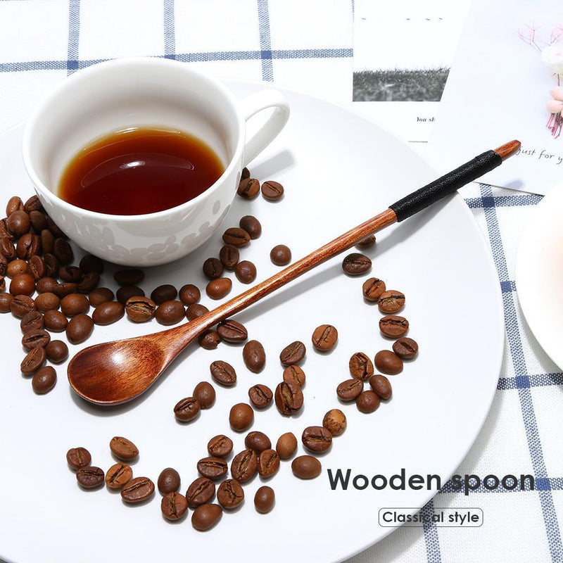 10PCSLong Handle Spoon Wood Soup Coffee Kitchen Tableware (Old Paint Black)