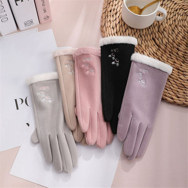 Windproof Winter Warm Gloves Touch Screen Embroidered Plush For Women