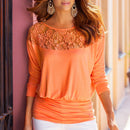 Women Blouses Sexy Lace Splicing Long Sleeve Top Shirts (Orange)(L)