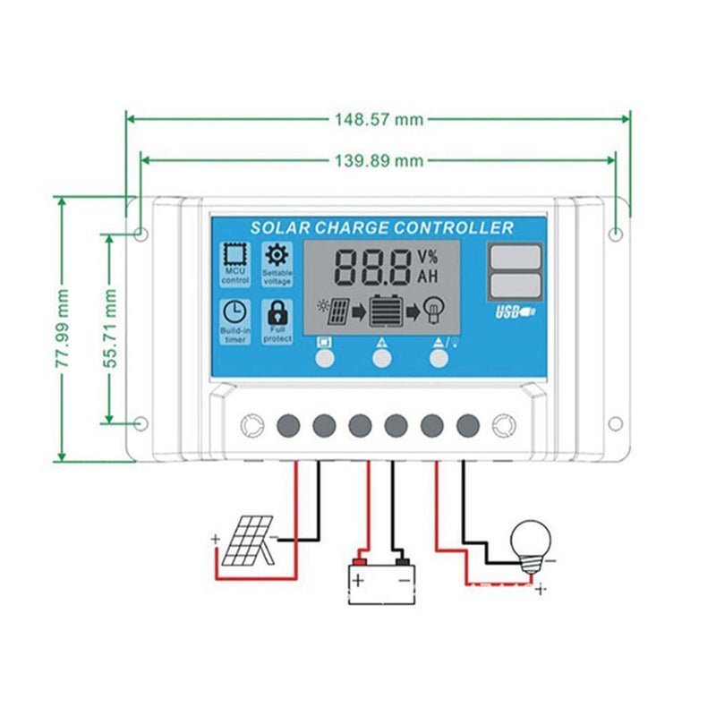 12V/24V LCD Auto Solar Charge Controller PWM Dual USB Output Charger (20A)