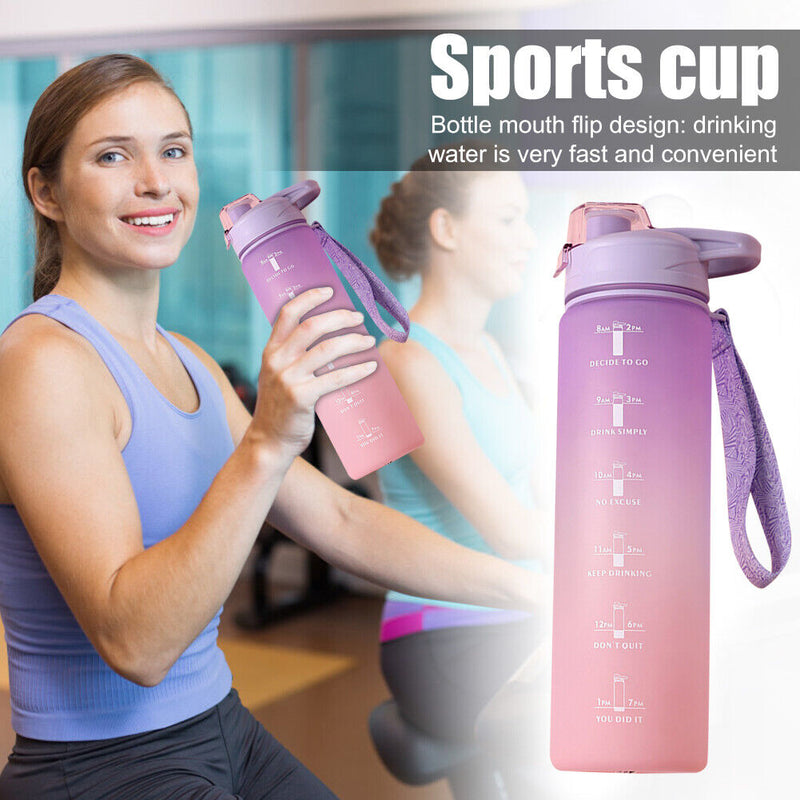 1000ml Sports Water Bottle with Time Marker Outdoor Fitness Cups (Purple) Newly
