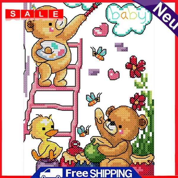 14CT Partial Stamped Embroidery Happy Painting Canvas Chinese Cross Stitch Set