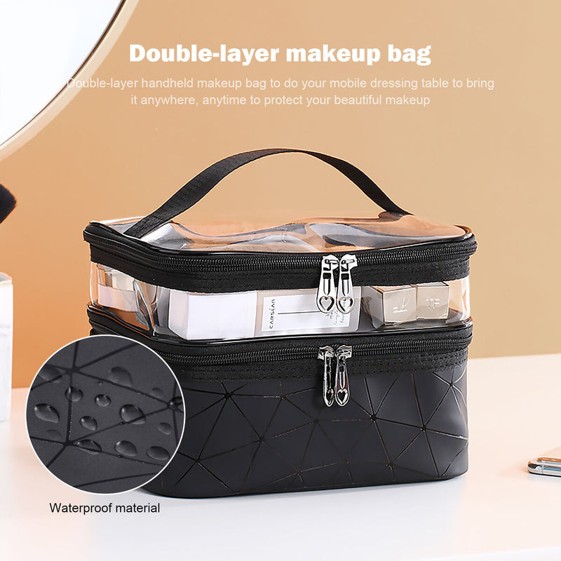 Double Layer Travel Makeup Bag Waterproof Leather Large Cosmetic Case Organiz