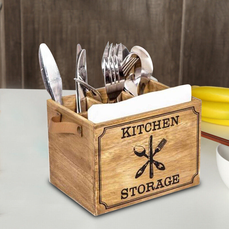 Wooden Cutlery Basket Kitchen Fork Chopstick Bucket Drainer Storage Box Newly