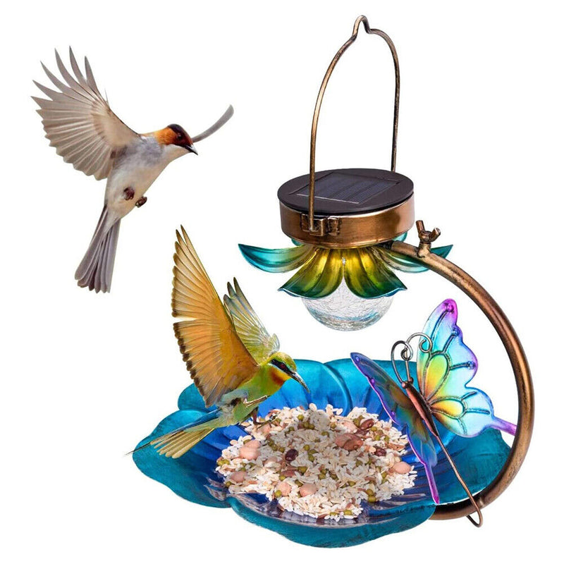 Metal Flower Solar Bird Feeder Lamp LED Light Outdoor Hanging Decorations