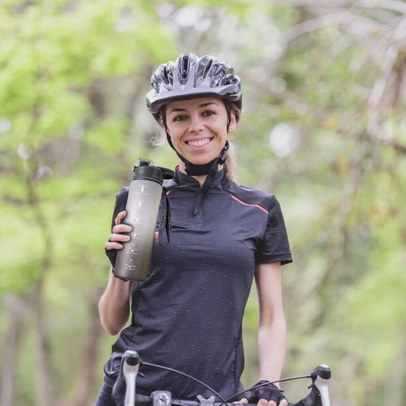 1000ml Sports Water Bottle with Time Marker Outdoor Fitness Cups (Grey) Newly