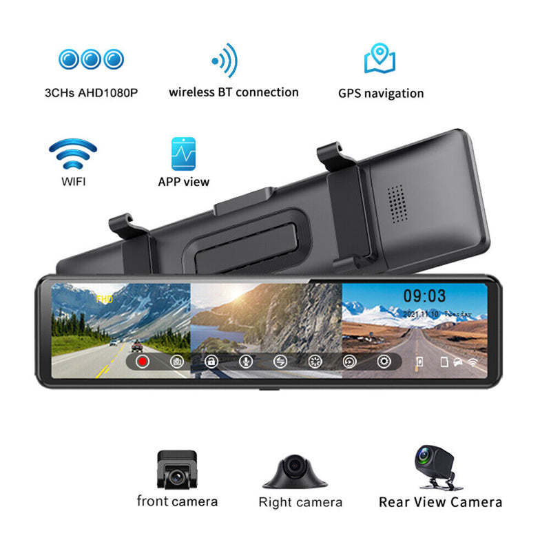 Driving Recorder 12-inch 1080P Touch Screen Dashcam 170 Wide Angle for Carplay