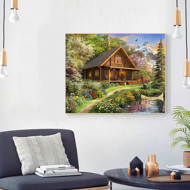 Hand Painted on Canvas DIY Lodge in Forest Oil Paint By Numbers Drawing Kit Gift