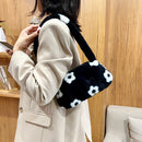 Women Flower Printing Shoulder Underarm Bag Cute Winter Plush Bag Small Purse