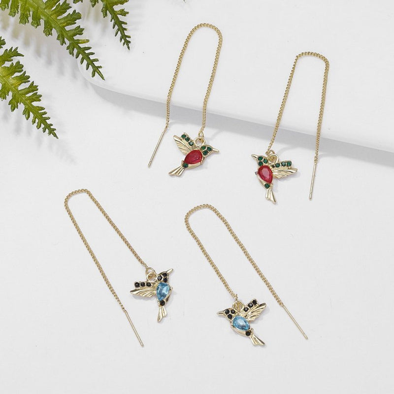Design Hummingbird Crystal Birds Pendant Necklace Long Tassel Drop Earrings