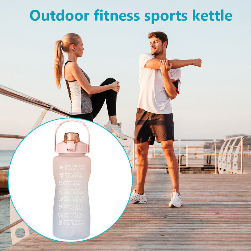 2000ml Water Bottle Sports Leakproof Time Marker Drinking Cup (Blue Pink) Newly