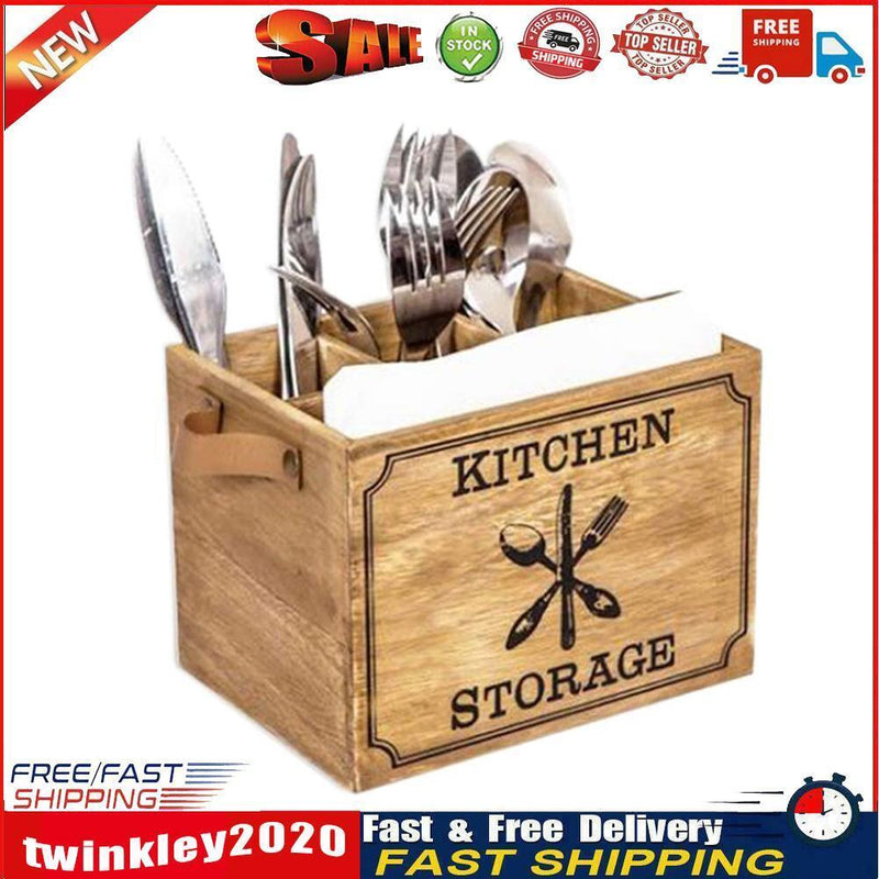 Wooden Cutlery Basket Kitchen Fork Chopstick Bucket Drainer Storage Box Newly