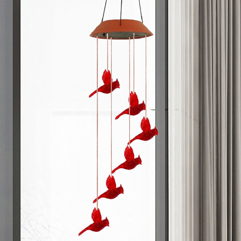 Solar Power Color Changing Wind Chime Lamps Garden Red Bird Pendant Light