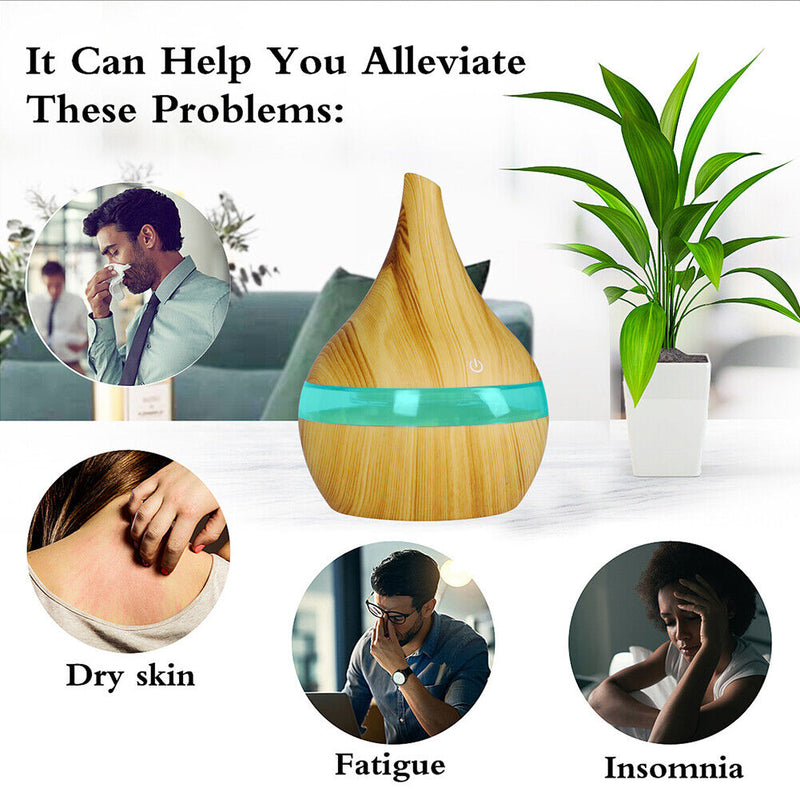 300ml Wood Grain Atomizer Air Humidifier Colorful Aroma Diffuser USB Mist Maker