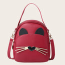 Women PU Leather Crossbody Messenger Bag Cute Cat Shoulder Backpack (Red)