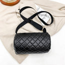 Cotton Padded Lattice Quilted Handbag Zipper Cylindrical Bucket Bag (Black)