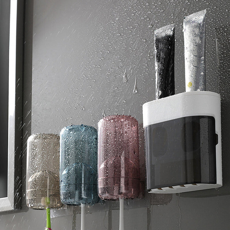 Wall Toothpaste Dispenser Squeezer Dust-proof Toothbrush Holder Storage She