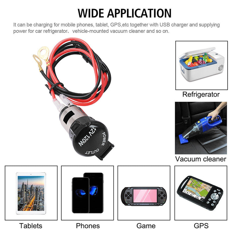 Metal Cigarette Lighter Socket 12V Power Outlet with Wires for Car Boat ATV