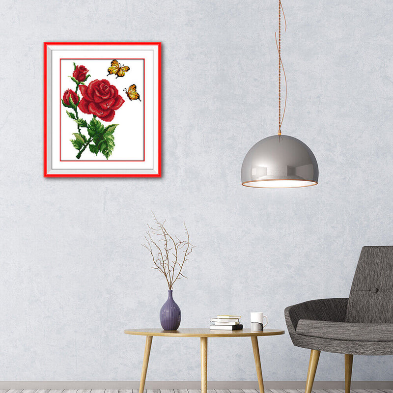 14CT Stamped Cross Stitch Kit DIY Red Flower Embroidery Home Decor (H615)