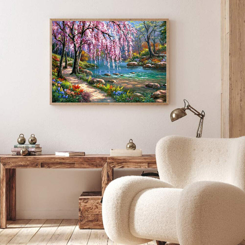 Frameless Oil Paint By Numbers River Flower Trees DIY Canvas Picture Kit