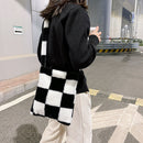 Female Fluffy Fashion Checkerboard Tote Bag Winter Mobile Phone Top-Handle Bag