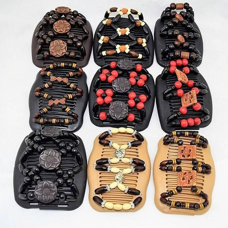Women Clip Stretchy Hair Accessories  Wood Beads Magic Hair Comb  Double